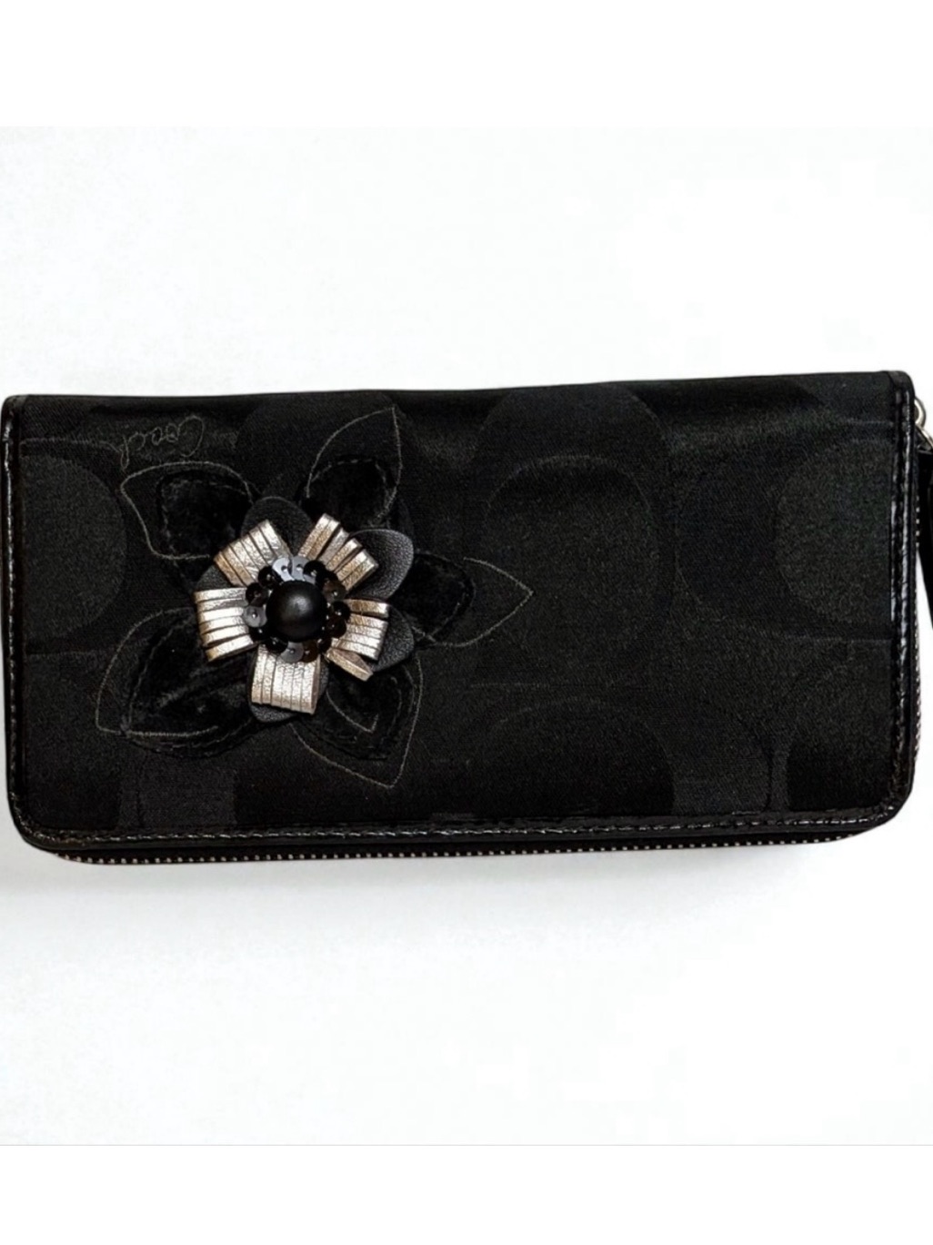 Coach Signature Jacquard Accordion Wallet Metallic Flower Applique Black Canvas